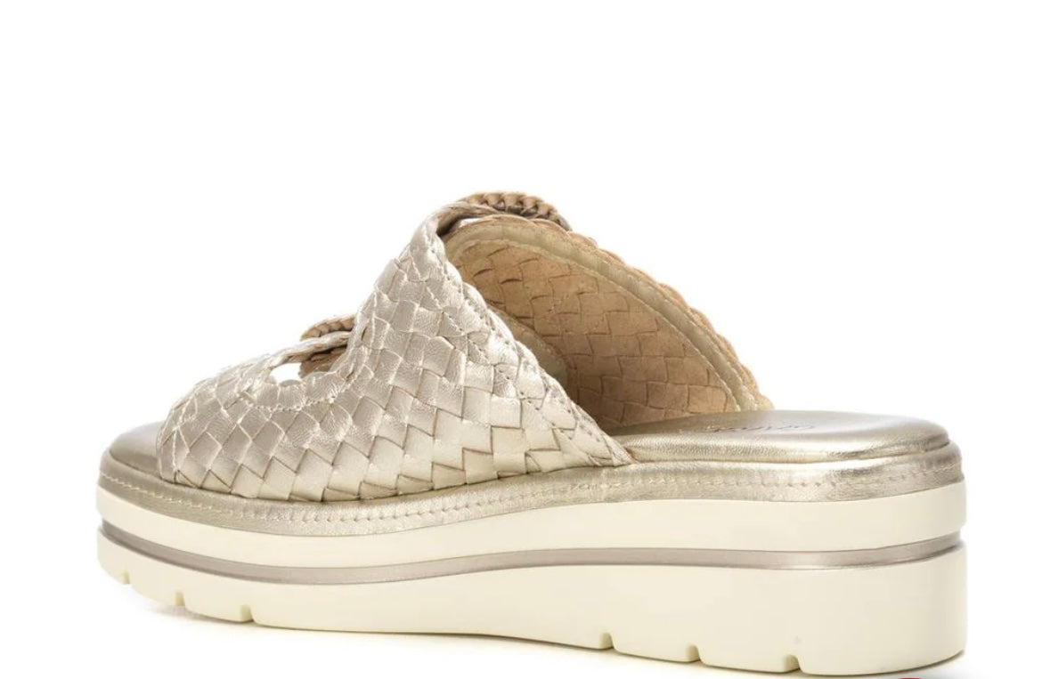 Carmela gold leather wedge slip on sandals