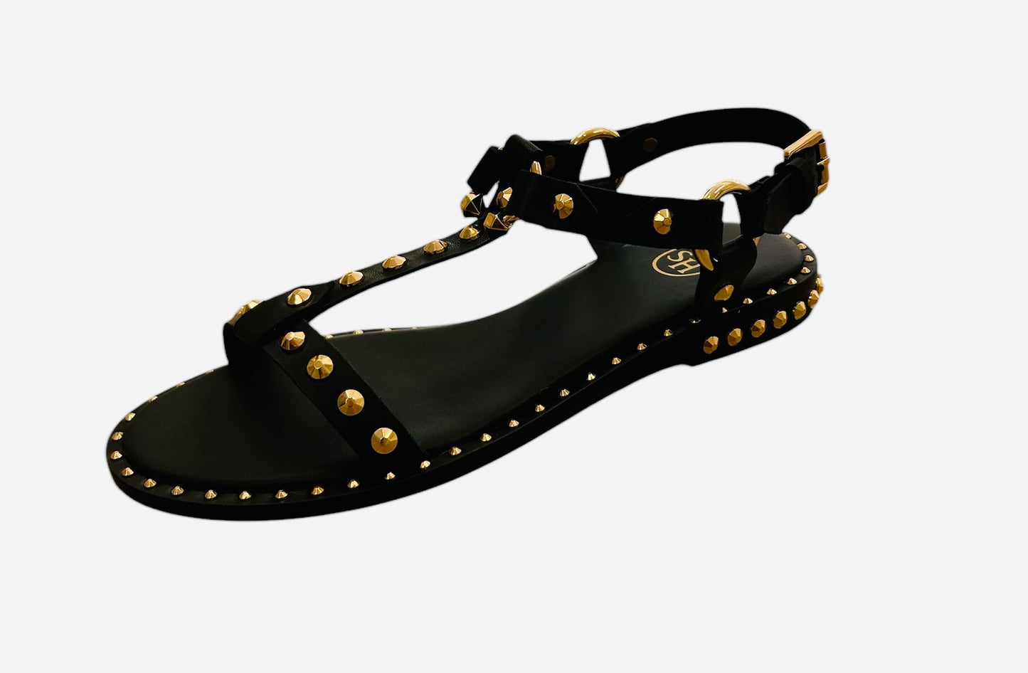ASH black leather sandal with gold stud detail