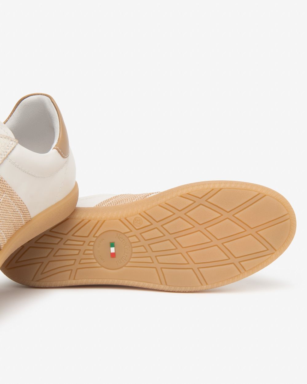 NeroGiardini cream and tan leather and canvas sneakers