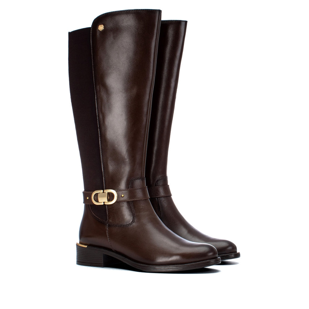 Carmela brown leather and fabric knee high boots