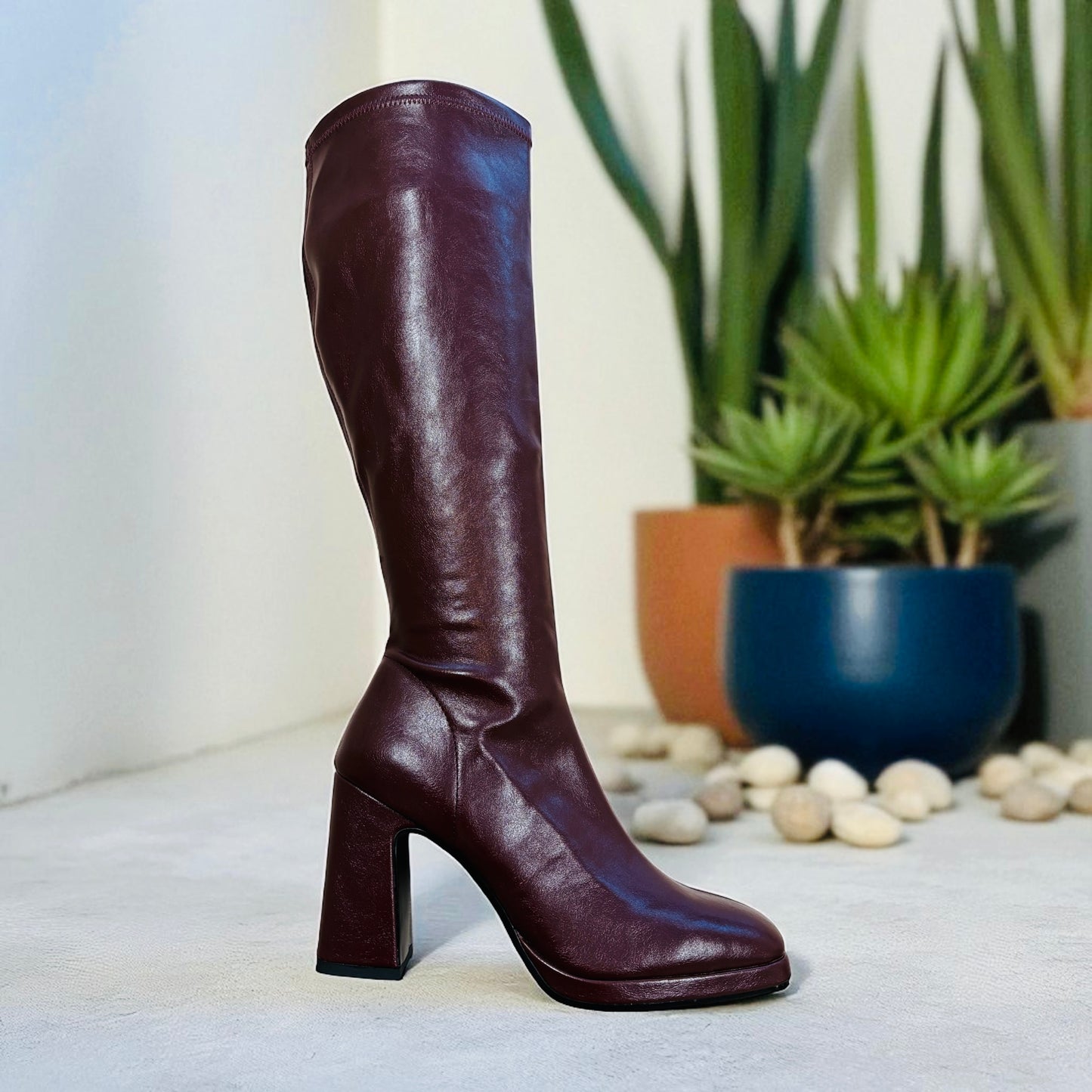 Lodi burgandy knee high stretch leather platform boots