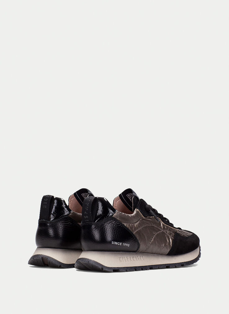 Hispanitas black and taupe leather and nylon sneakers