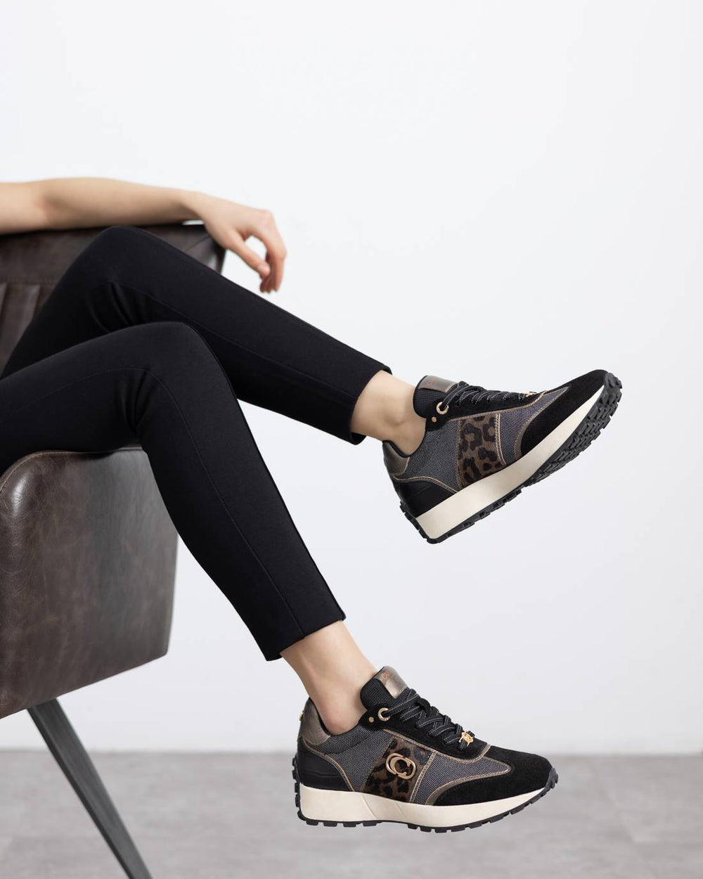 Carmela black and metallic leather and suede sneakers