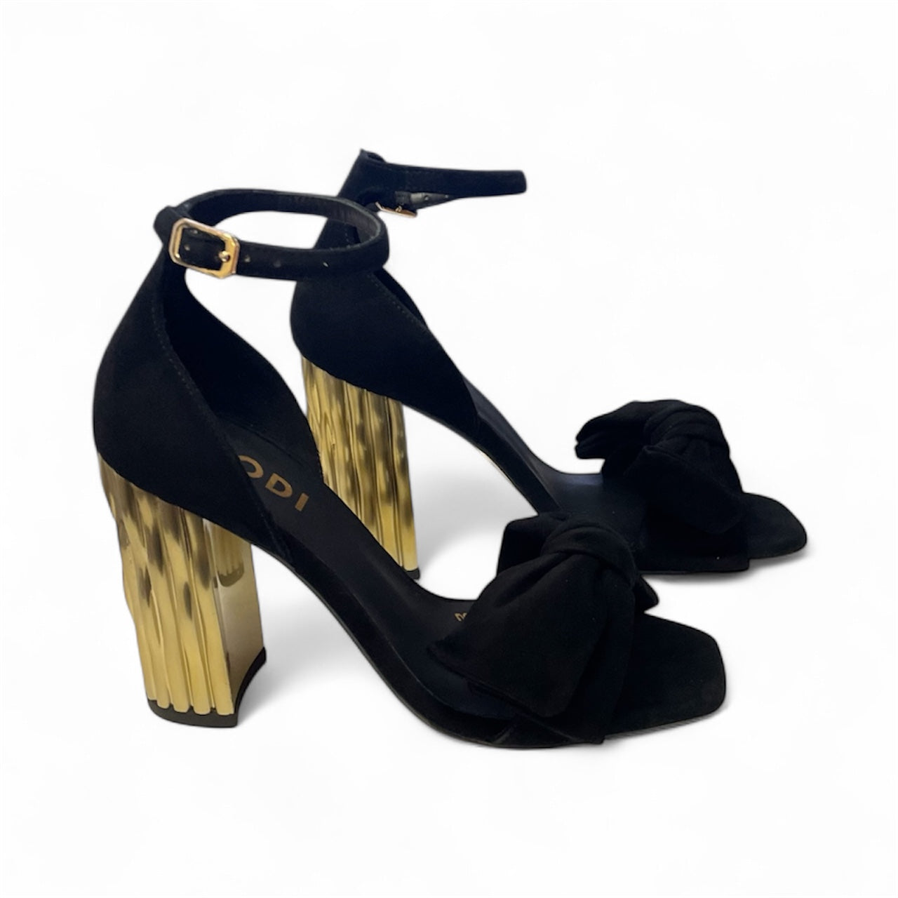 Lodi black suede sandals with gold block heel