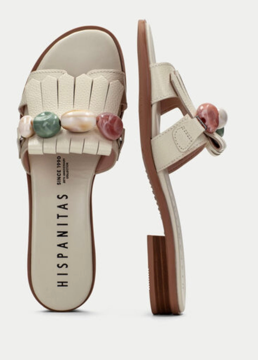 Hispanitas cream leather flat sandal with bead decoration