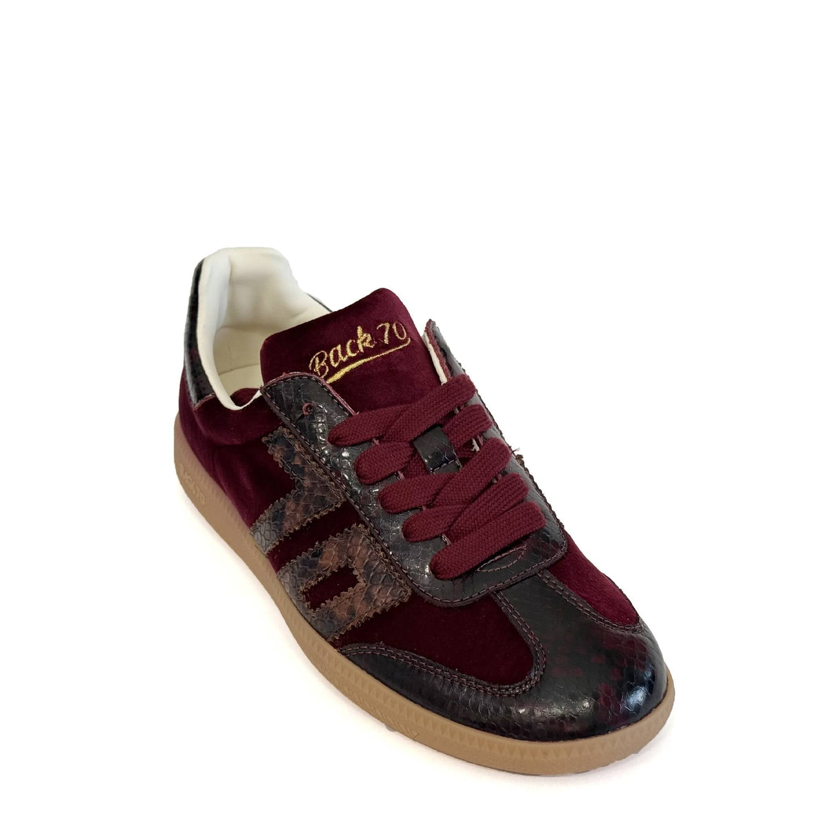 Back 70s burgundy and brown snakeskin suede and leather sneakers