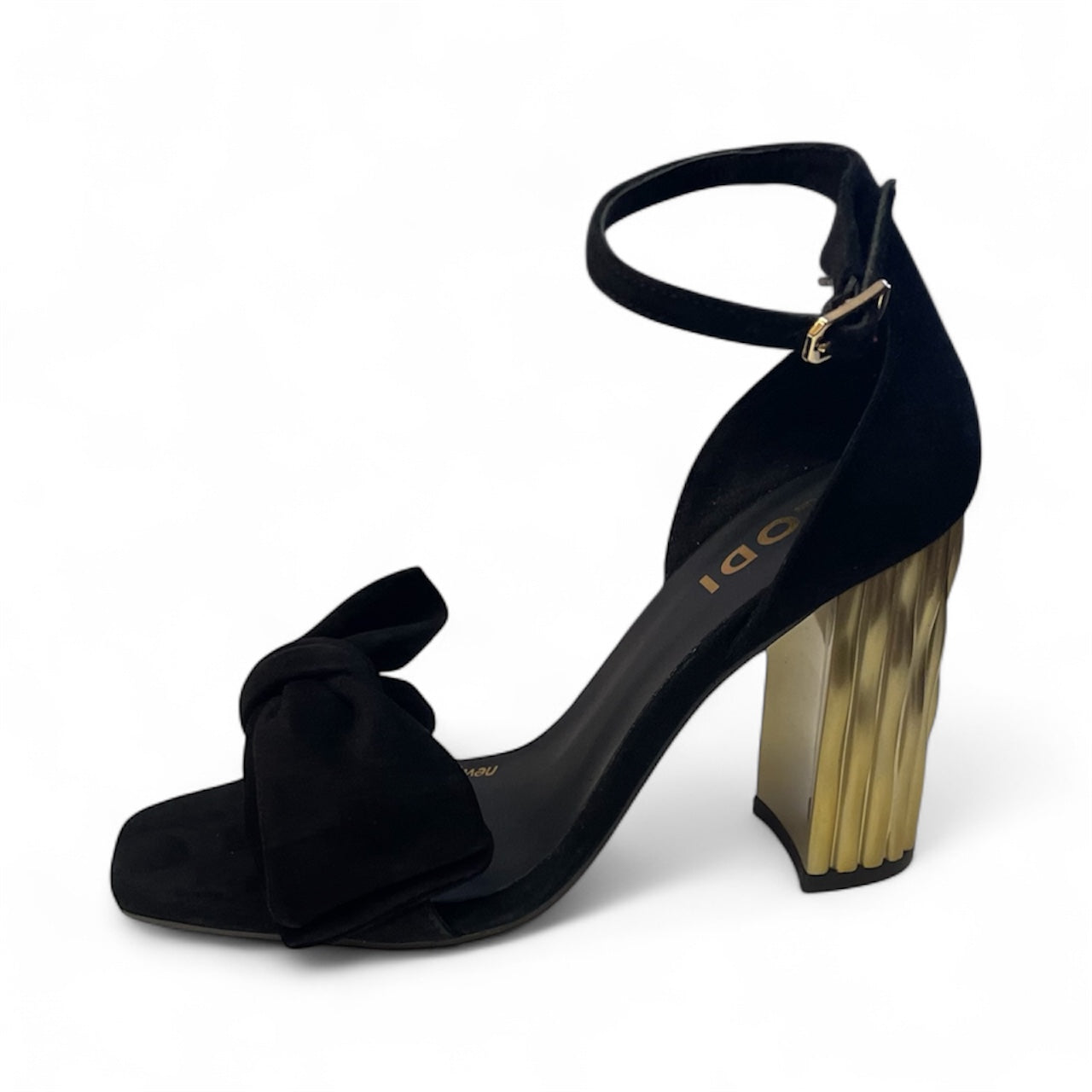 Lodi black suede sandals with gold block heel