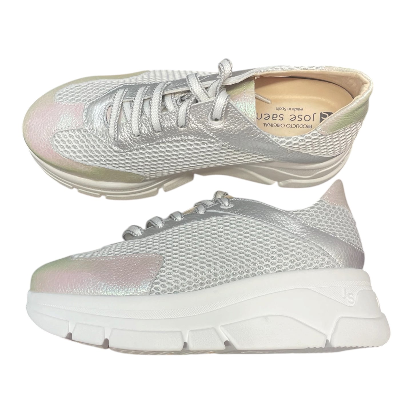 Jose Saenz silver leather and mesh platform wedge sneakers