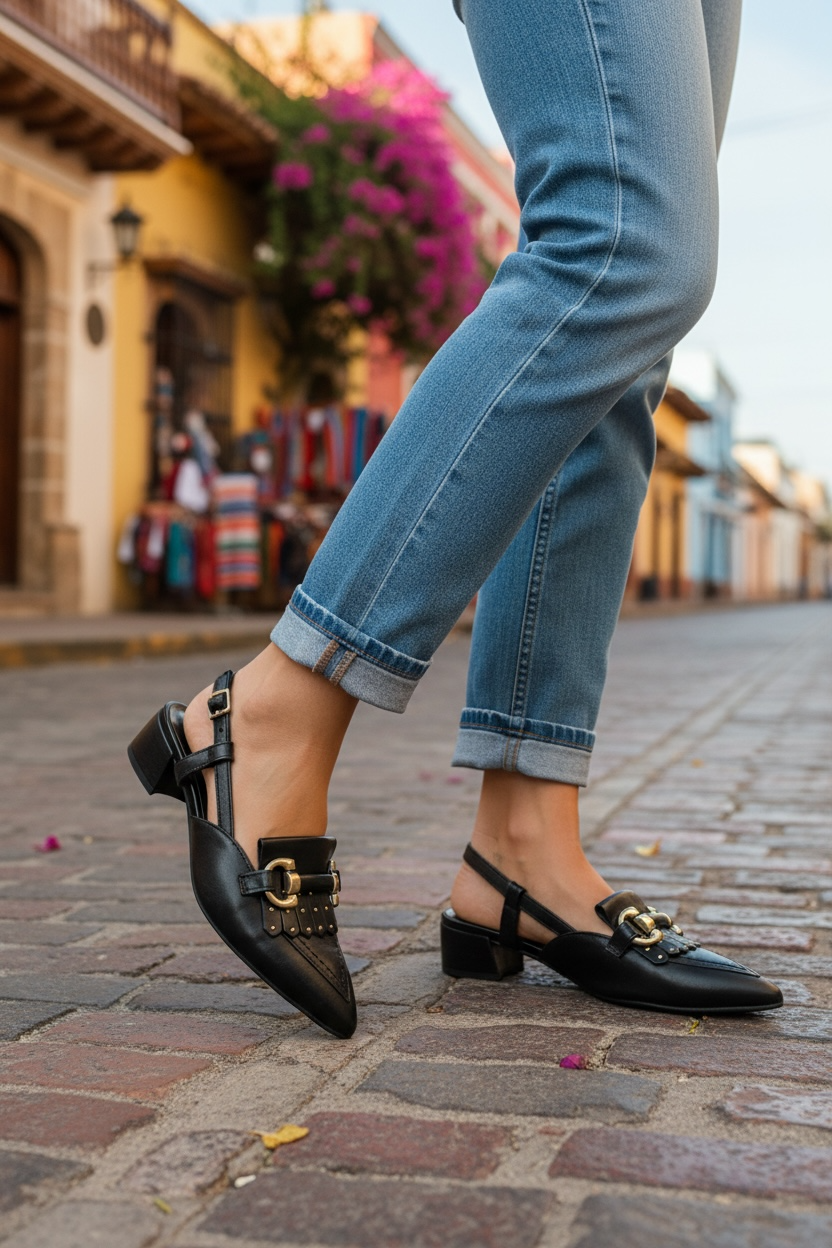 MJUS black leather slingback with fringing and snaffle detail
