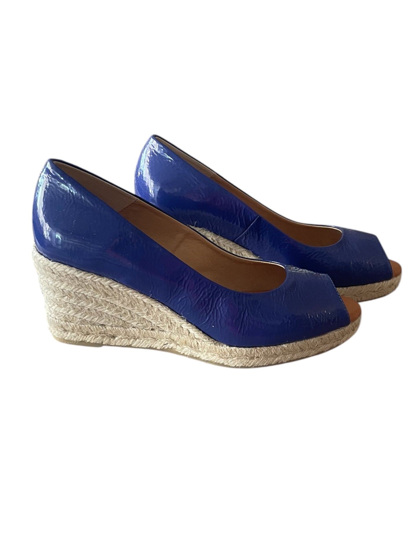 Marian blue patent leather peep toe wedge sandal