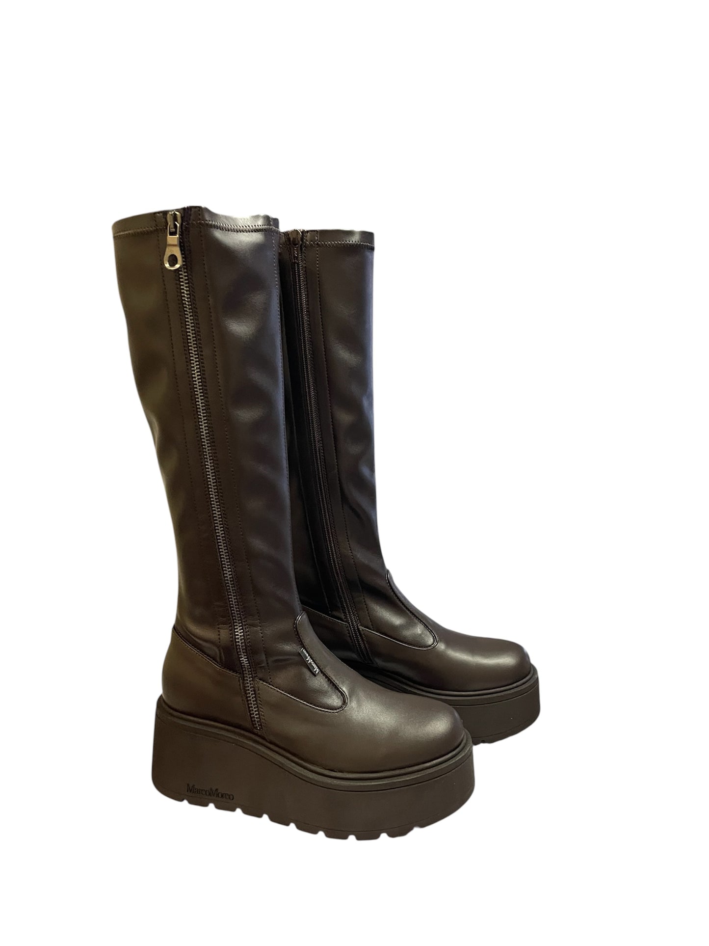 Marco Moreo brown leather platform knee high boots