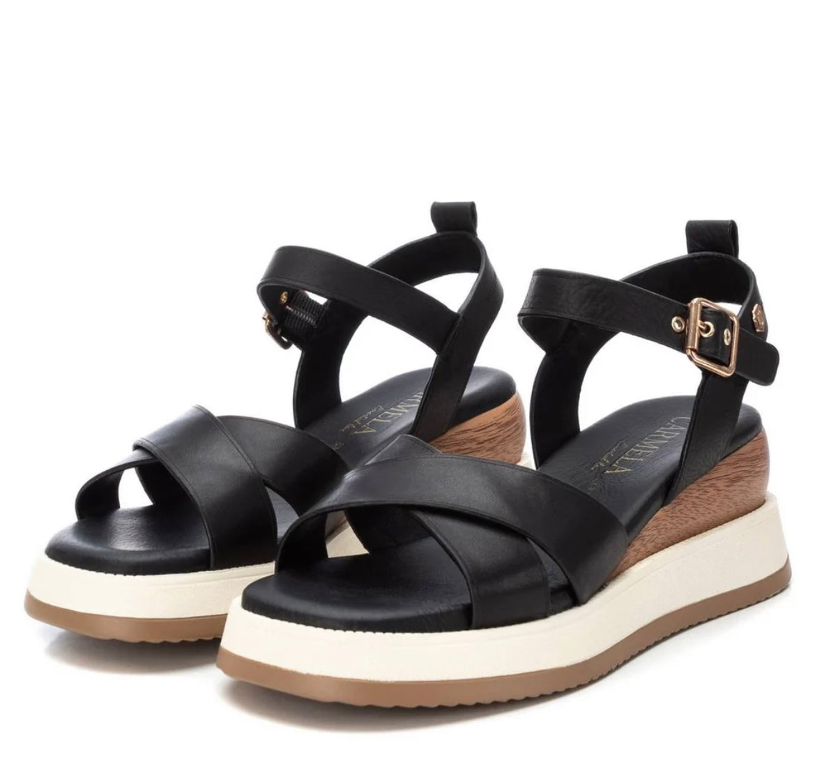 Carmela black leather wedge sandals