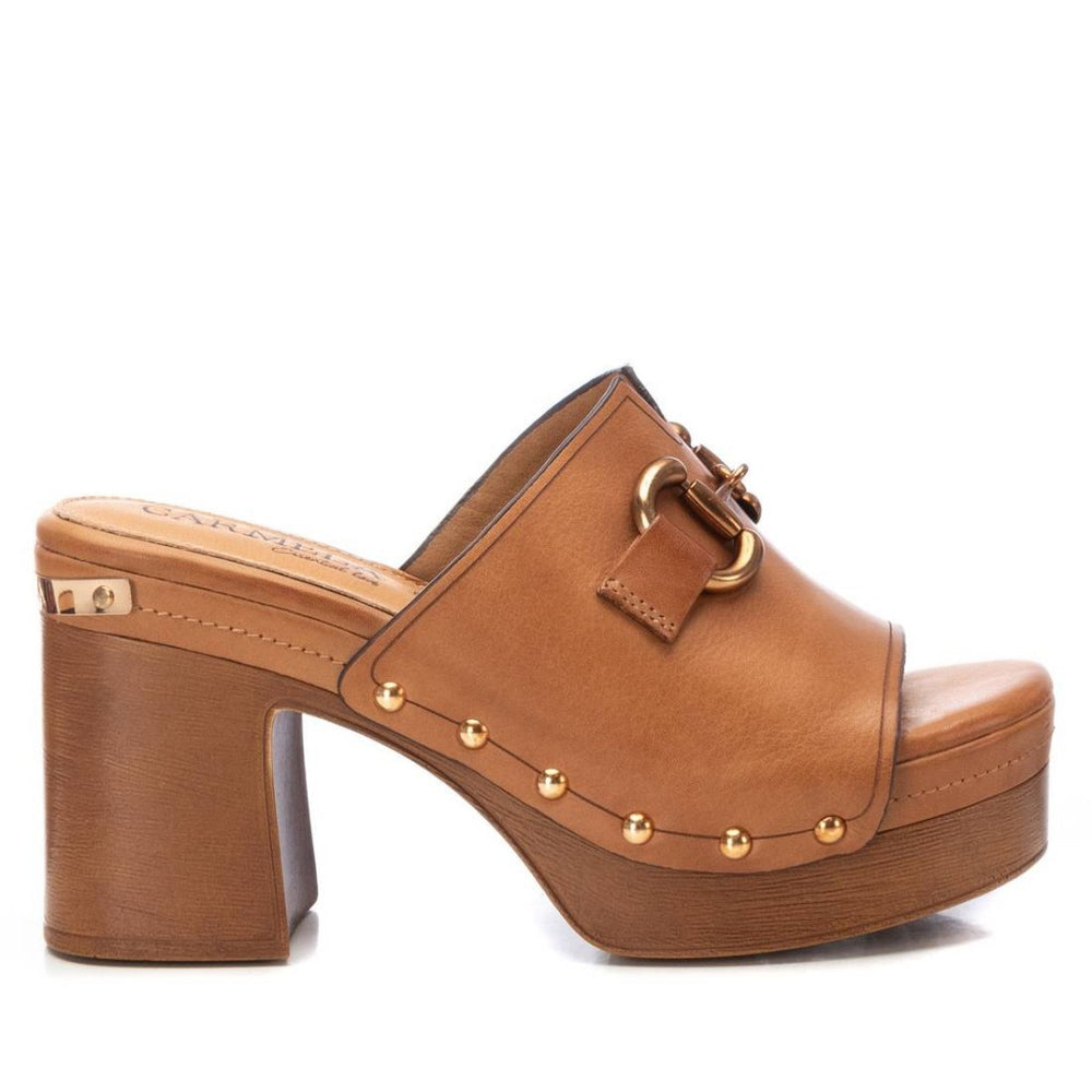 Carmela tan leather platform mules
