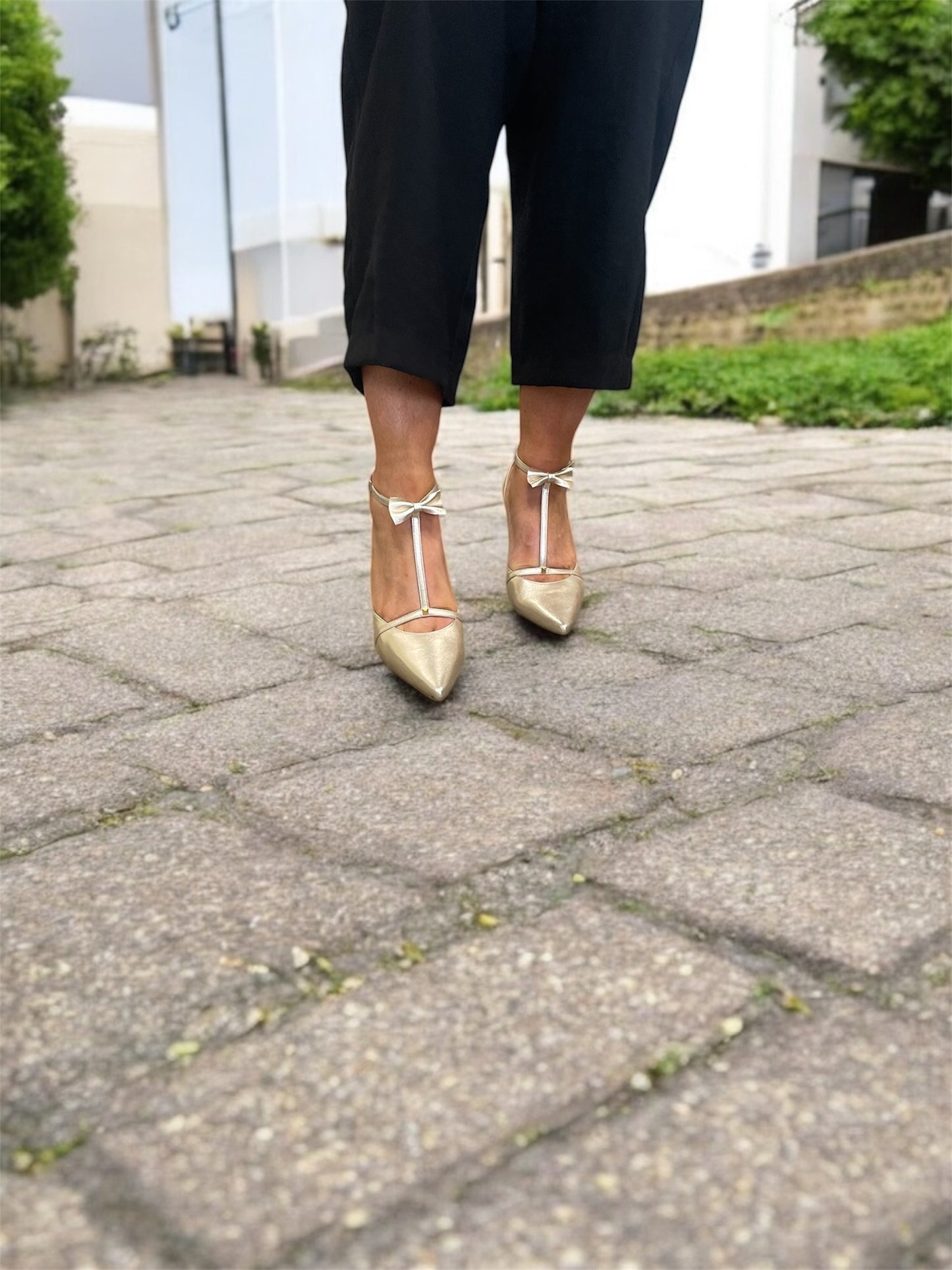 Marian gold leather shoes with bow detail