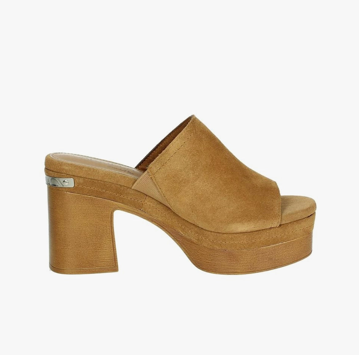 Carmela tan suede platform mules