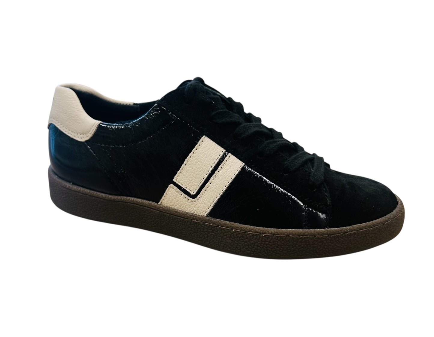 Paul Green black and white glossy patent and suede sneaker