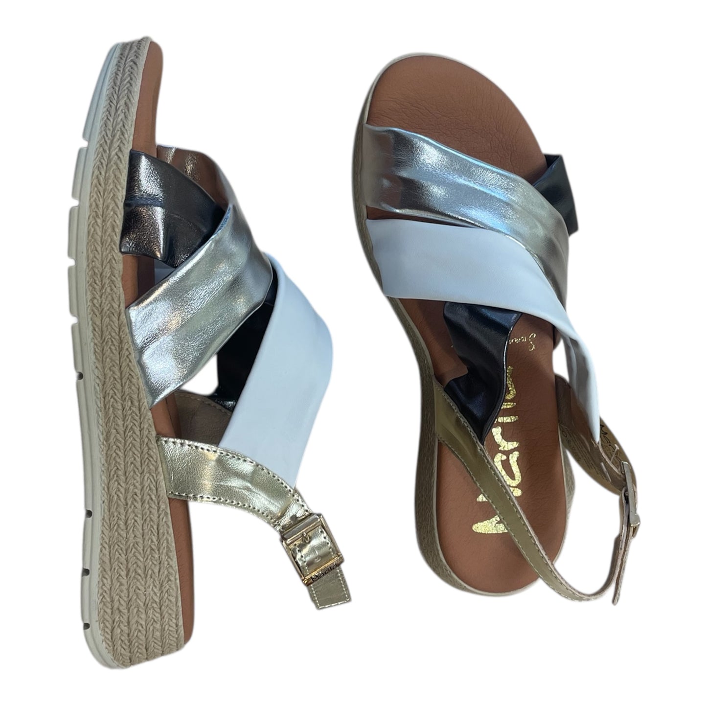 Marila white gold and black leather slingback sandals