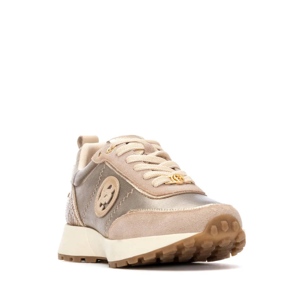 Carmela gold and beige leather and suede sneakers