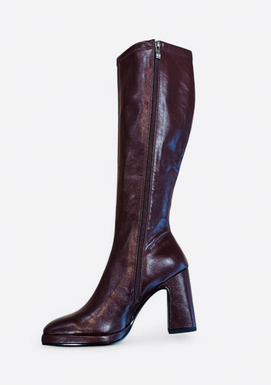 Lodi burgandy knee high stretch leather platform boots