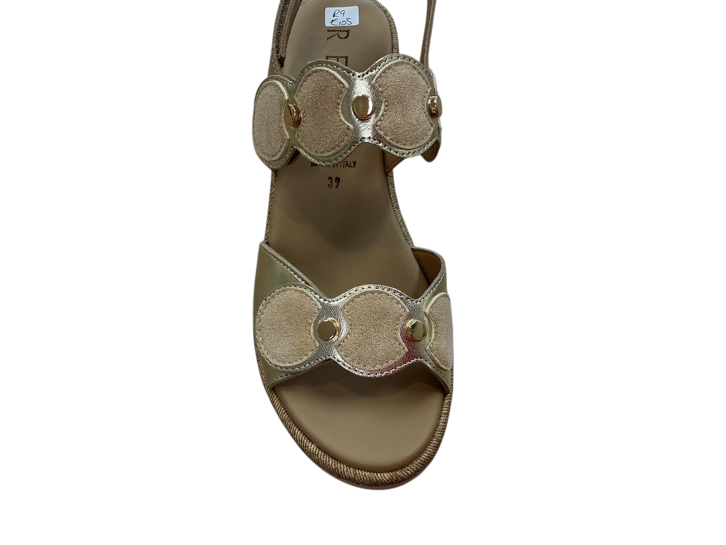 Repo gold leather and beige suede sandal with gold metal detailing - Melissakshoes