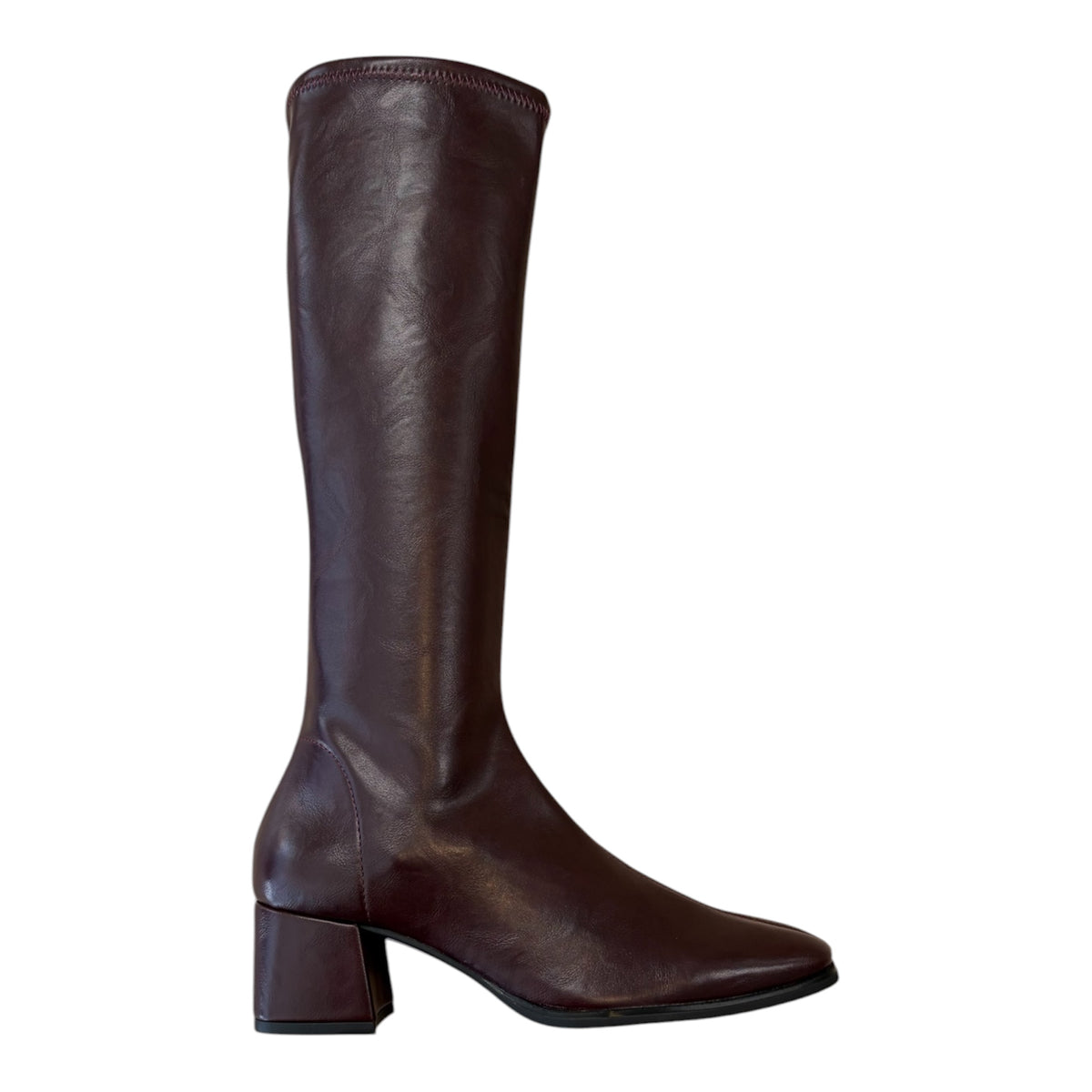 Miss Elastic burgundy leather effect knee high stretch boots M11