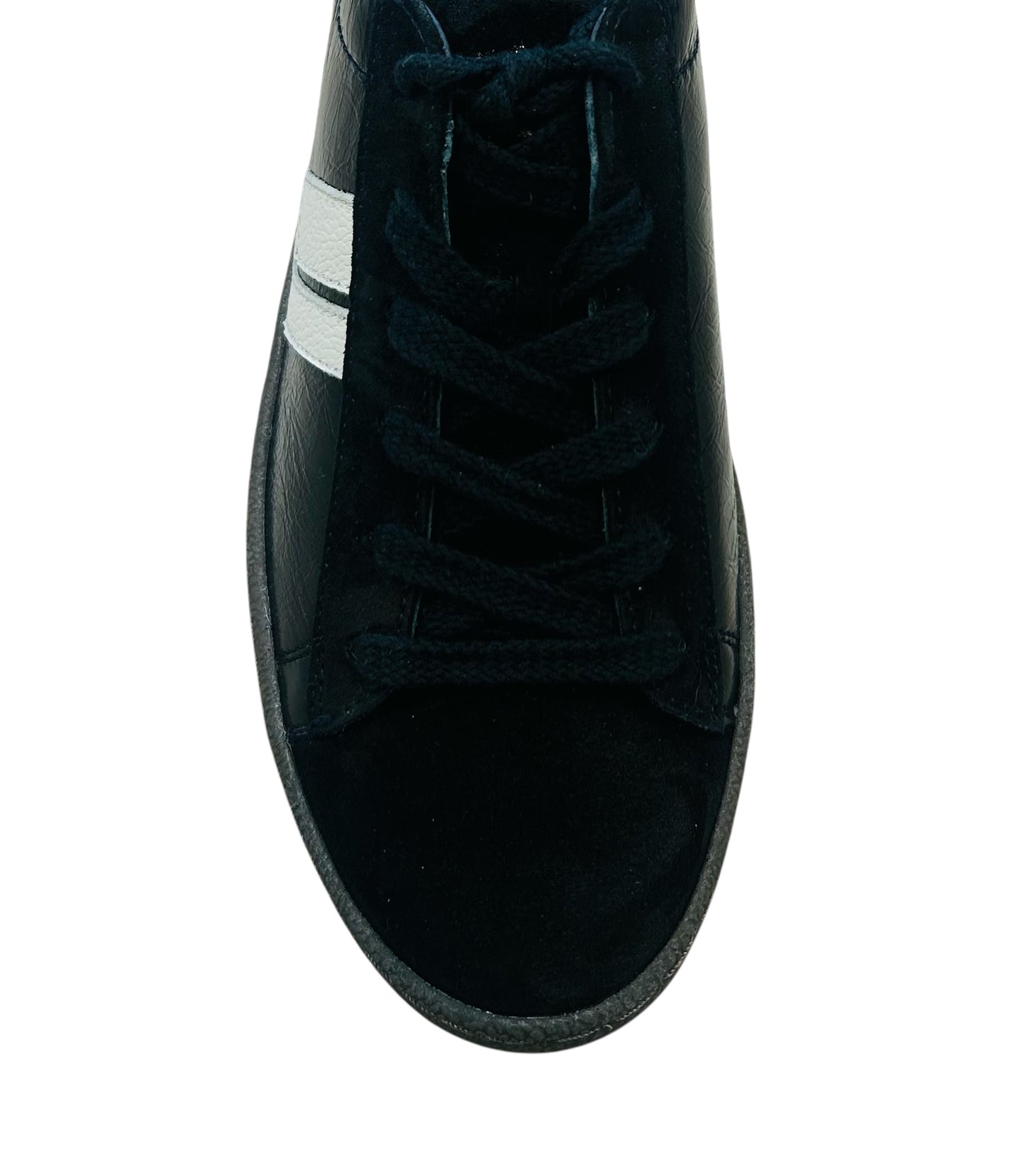 Paul Green black and white glossy patent and suede sneaker