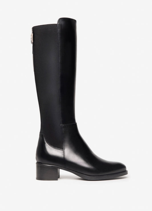 Black leather knee high boot with stretch
