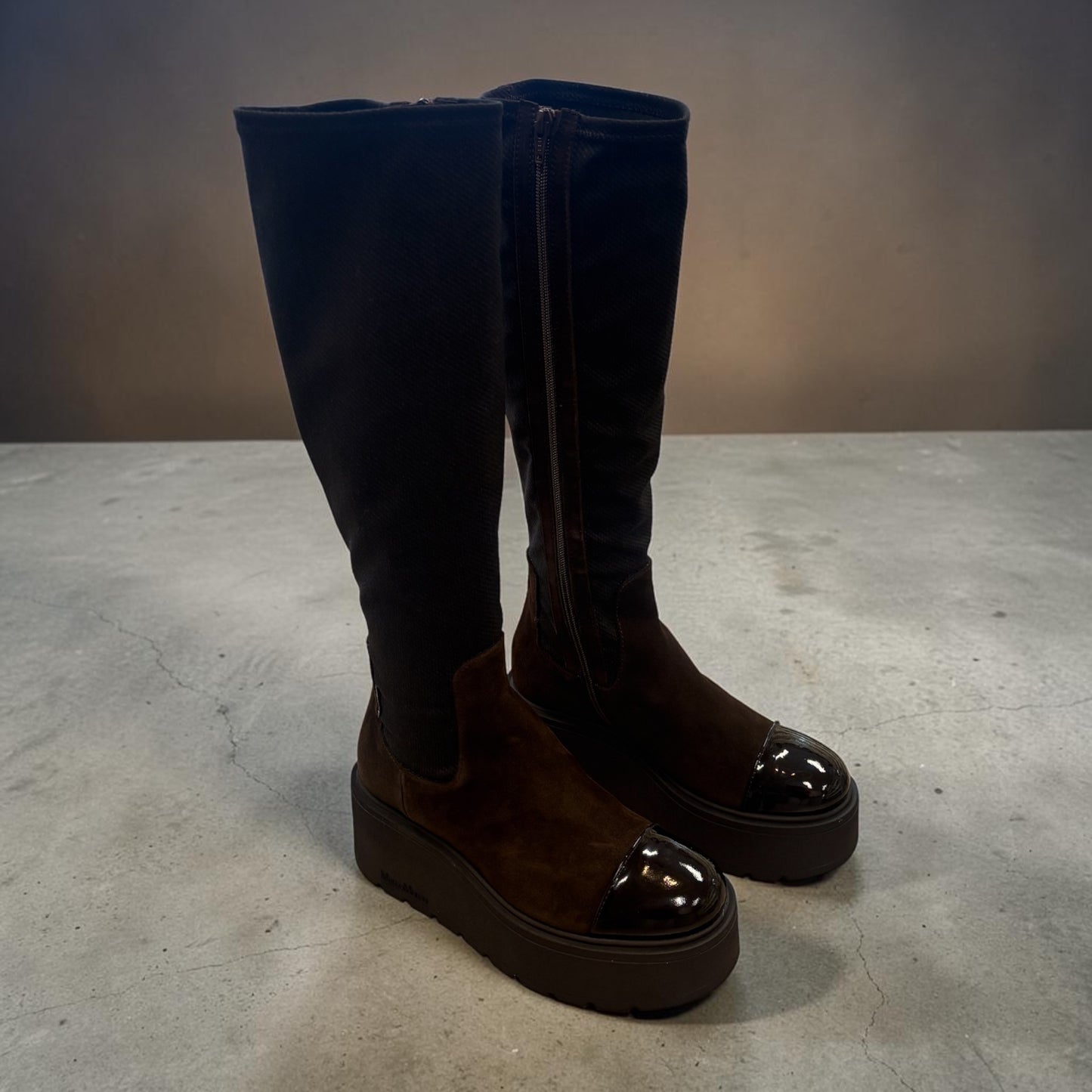 MarcoMoreo Brown suede platform knee high wedge boots