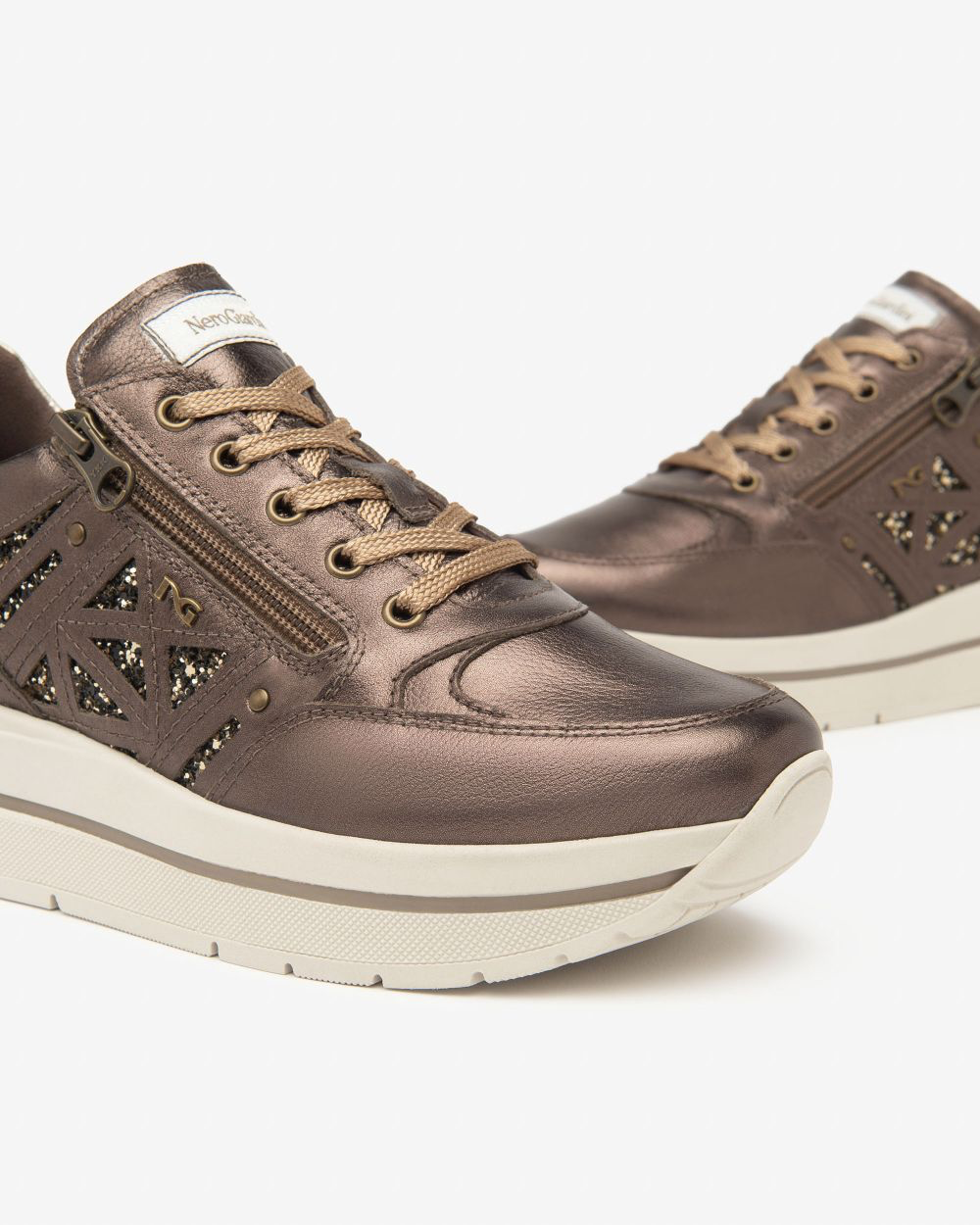 Nerogiardini metallic bronze wedge sneaker with side zip