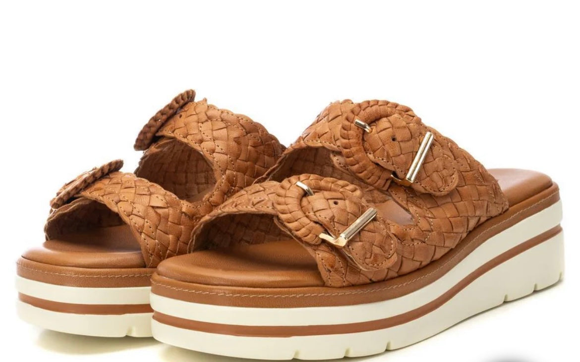 Carmela tan leather wedge slip on sandals