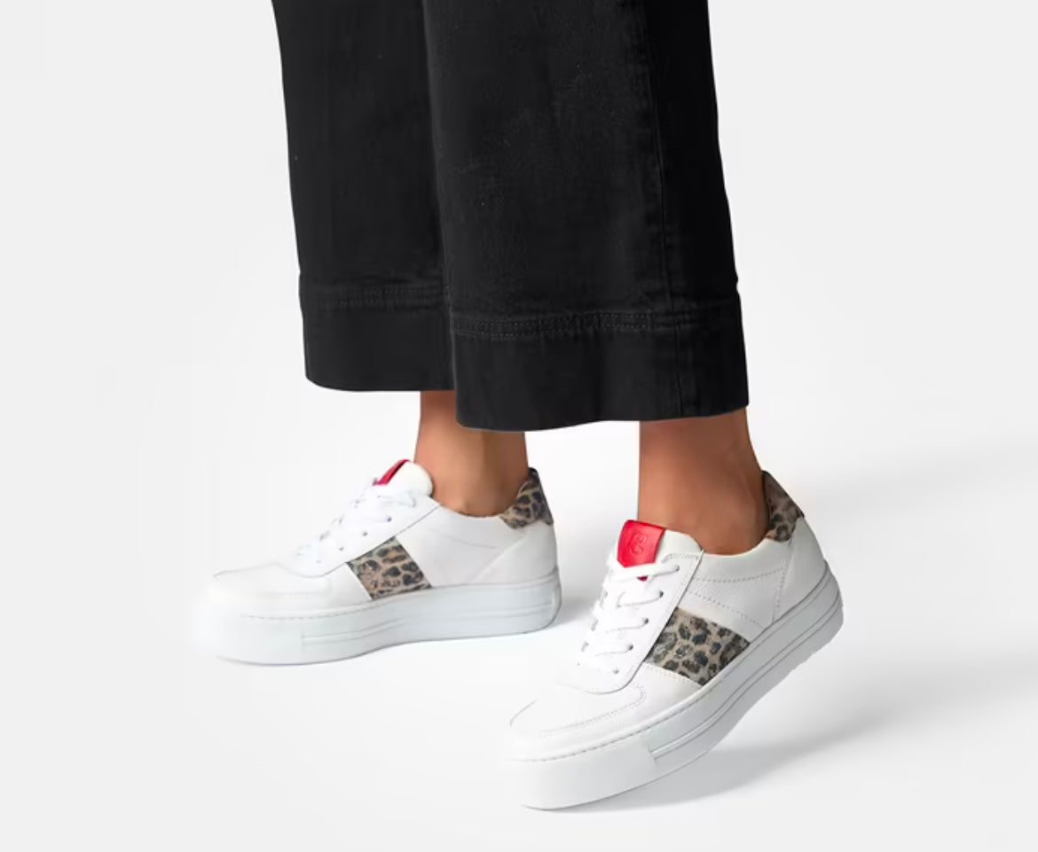 Paul Green white leather platform sneaker with leopard print