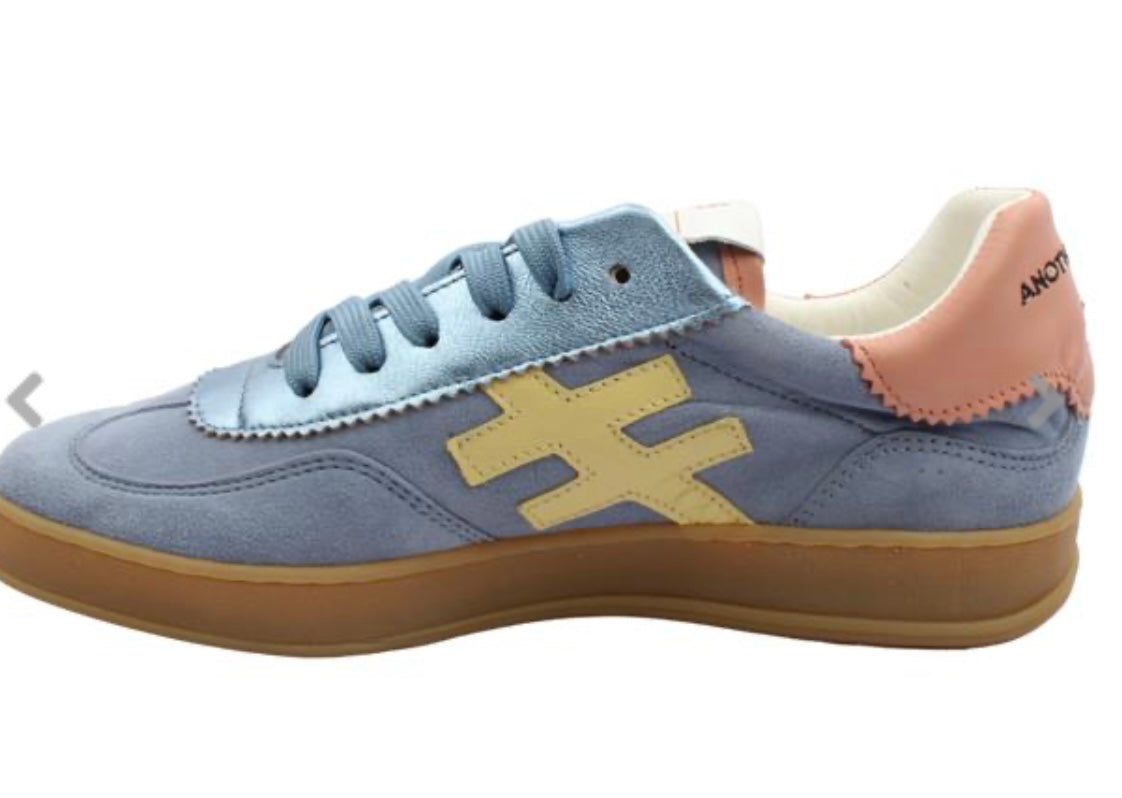 Another trend blue suede leather with peach and yellow detail