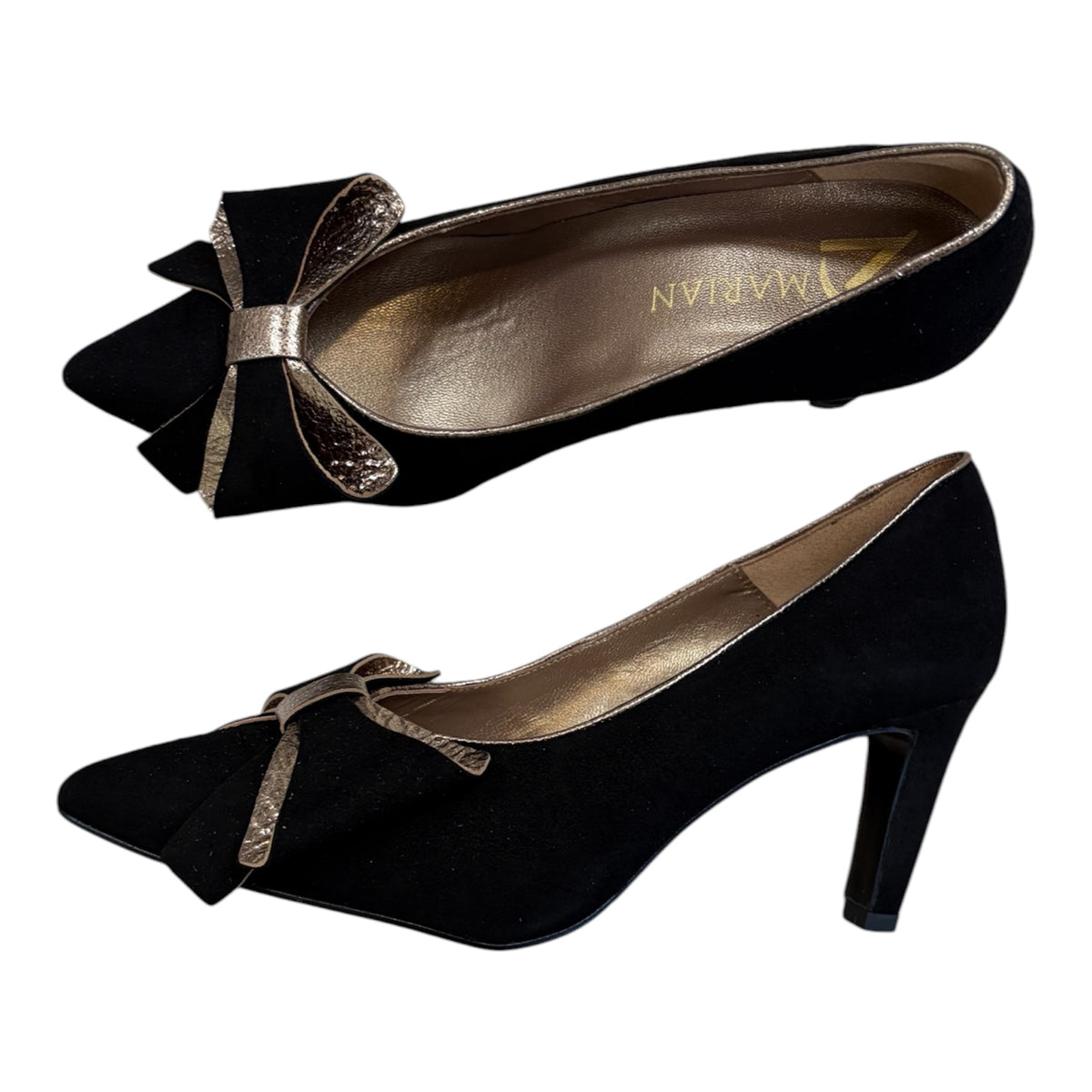 Marian Black suede Court Shoes with Metallic Bow Detail