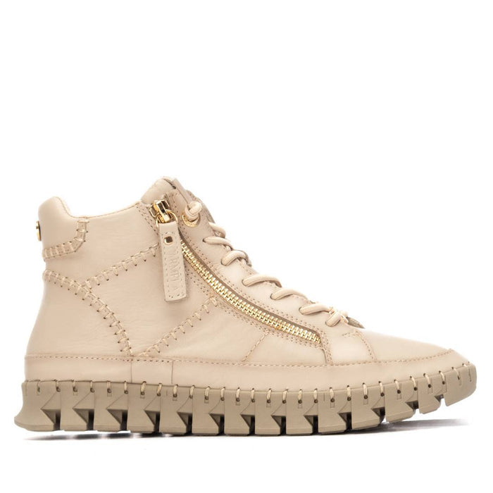 Carmela beige high top slip on sneaker with side zip