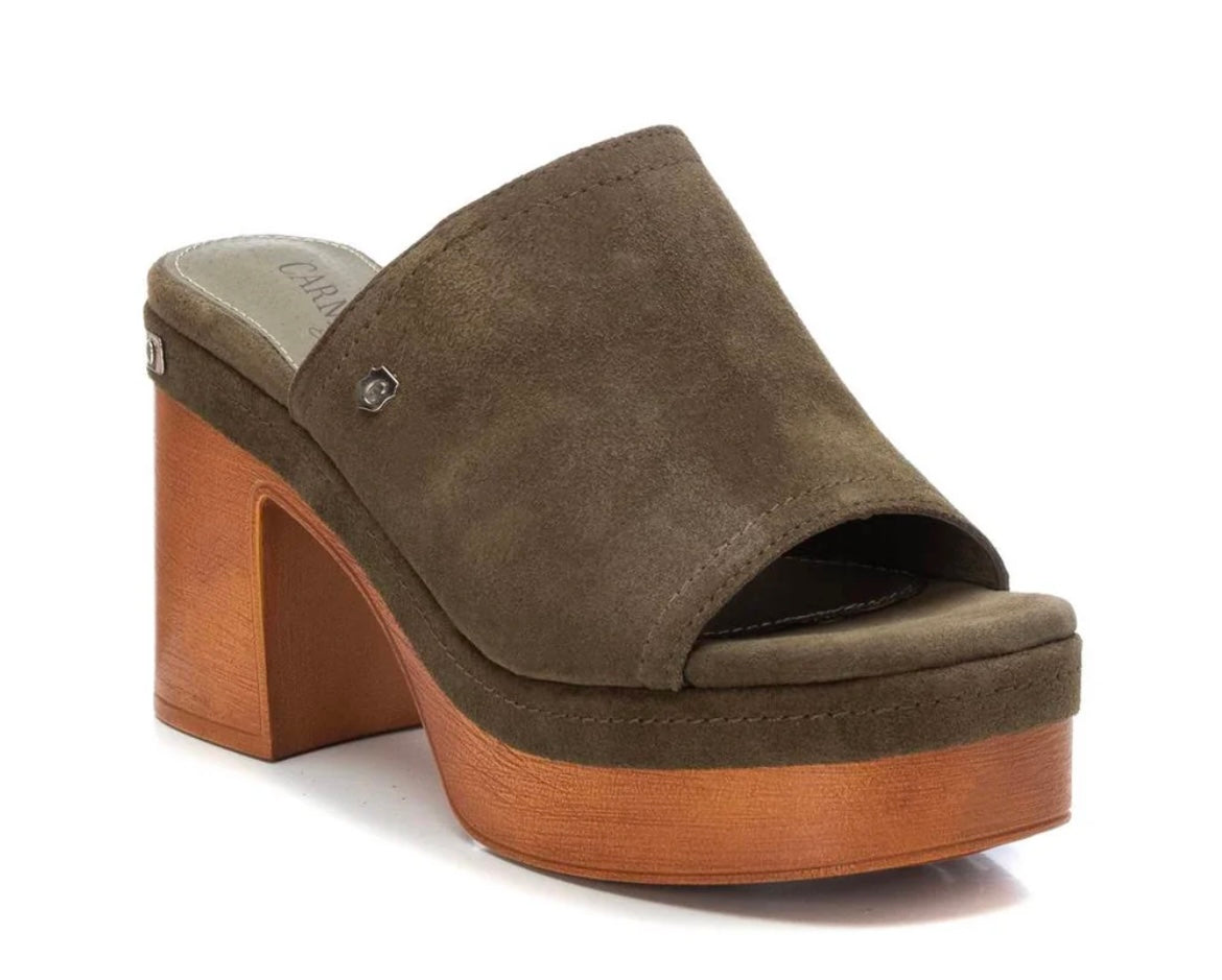 Carmela dark green suede platform mules