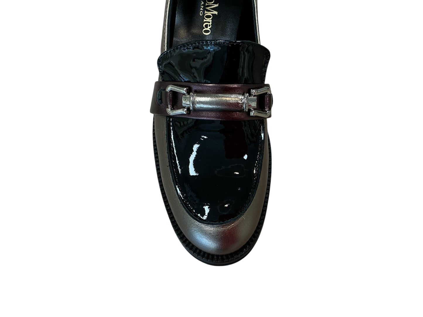 Marco Moreo metallic leather patent loafer with snaffle