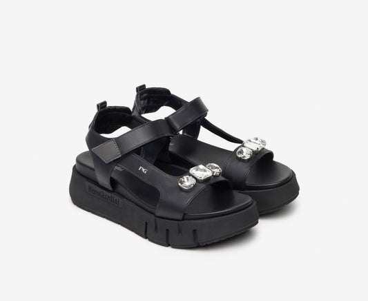 Nerogiardini black leather sandal with jewel detail