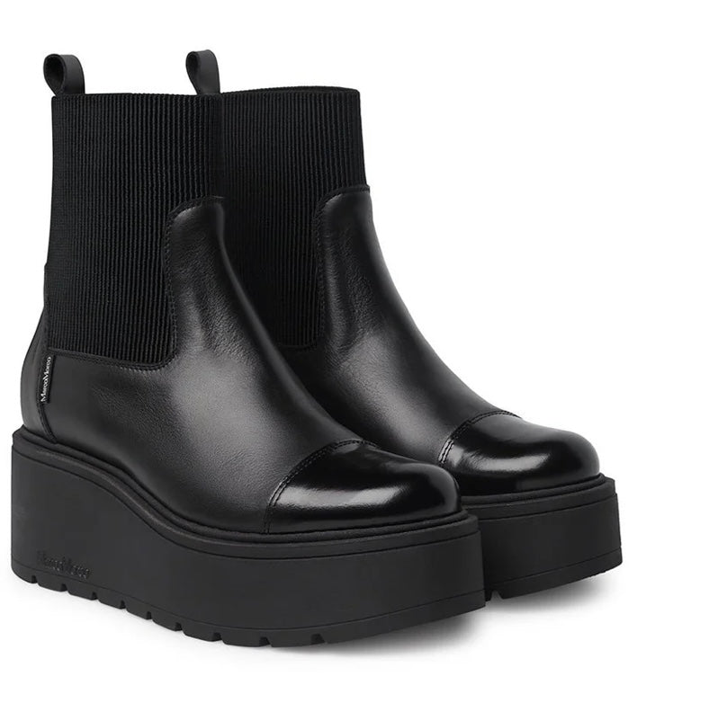 Marco Moreo black leather platform Chelsea pull up boot with patent toe