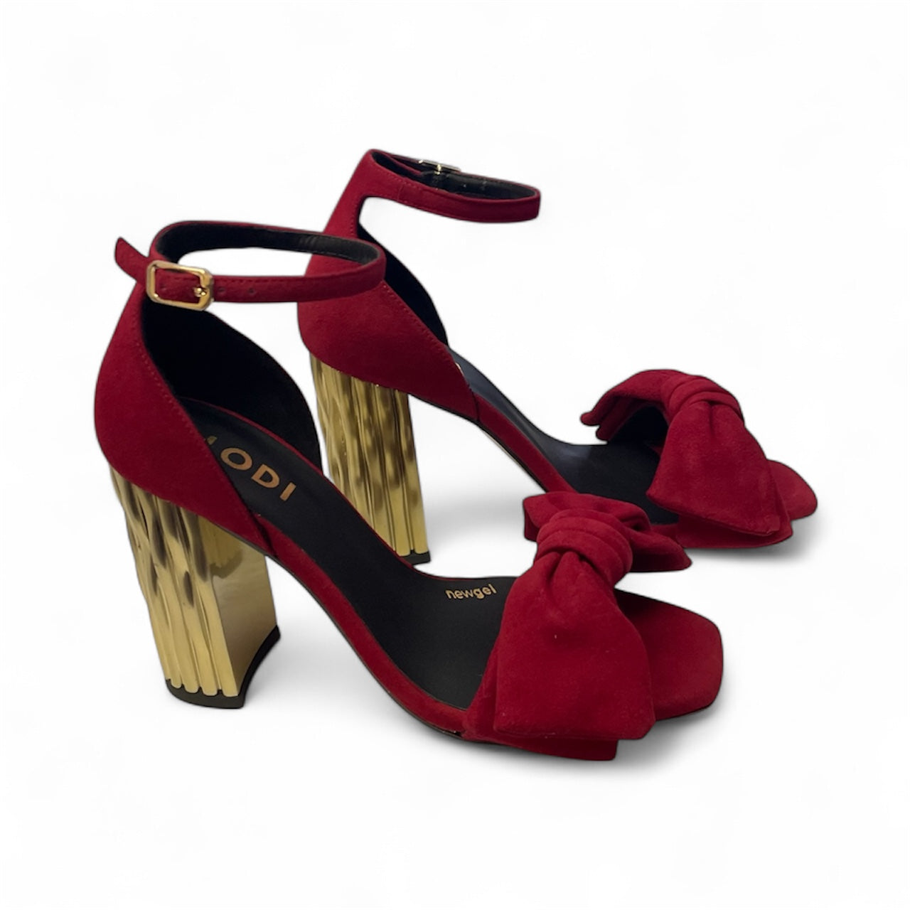 Lodi red suede with gold block heel sandals