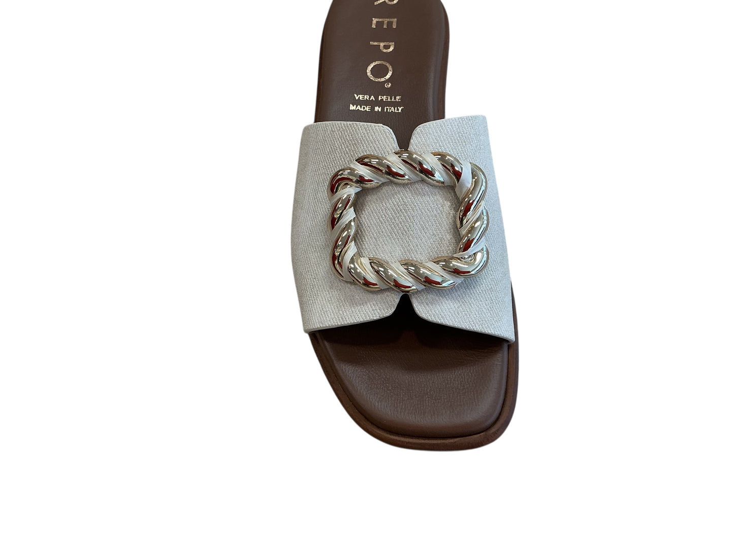 Repo cream leather slide with gold twisted rope buckle detail - Melissakshoes
