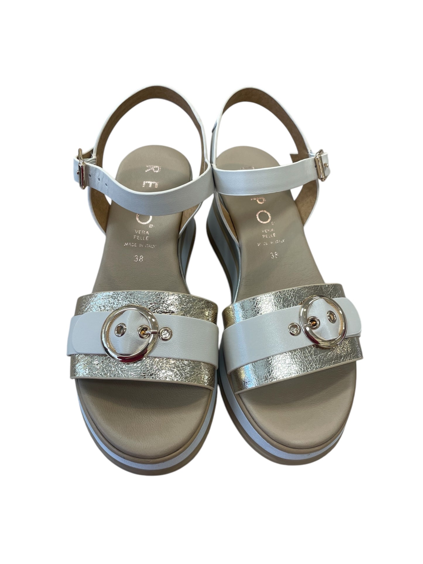 Repo beige and gold leather platform wedge sandals