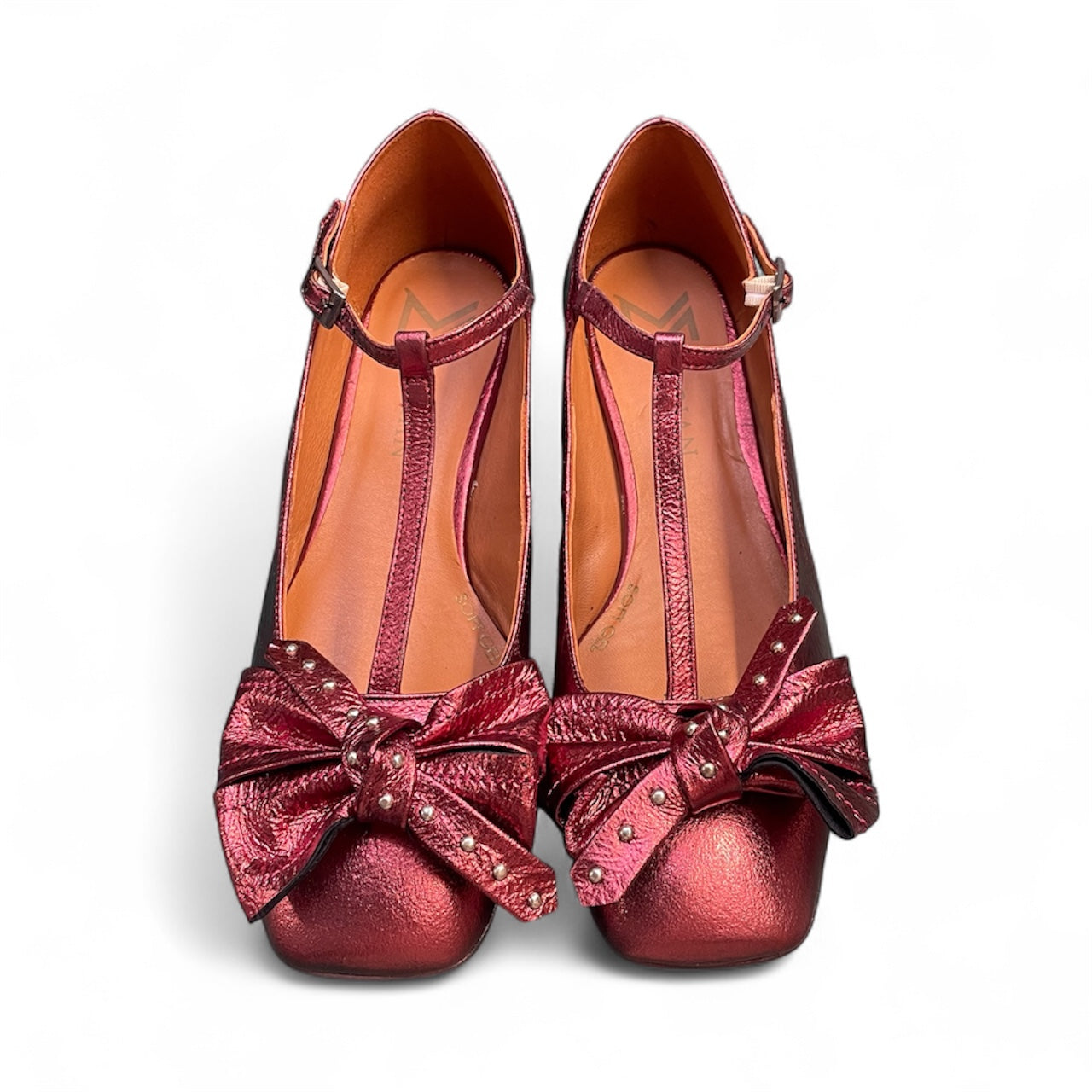 Marian leather metallic red t- bar shoes with bow