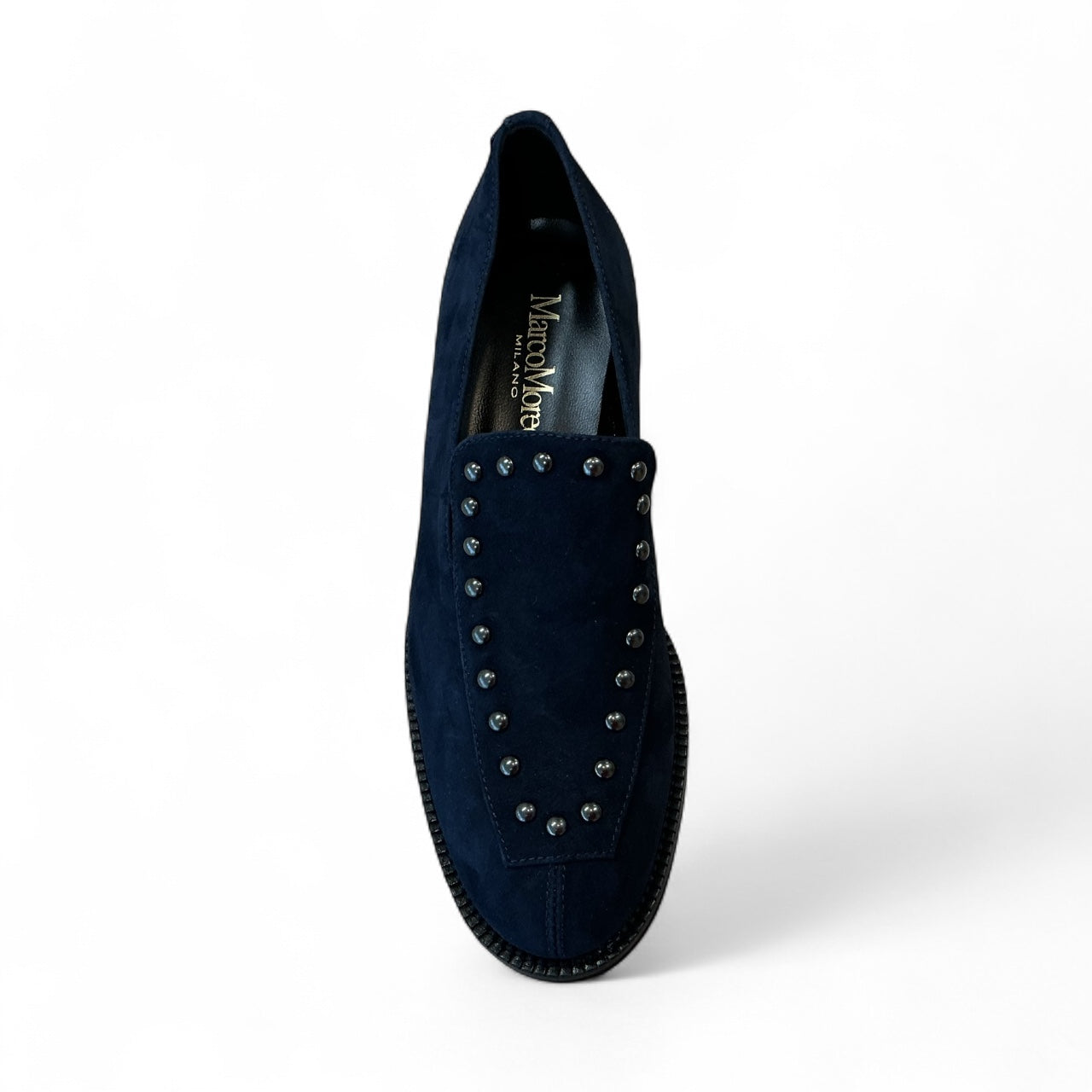 Marco Moreo navy suede loafer with studded detail