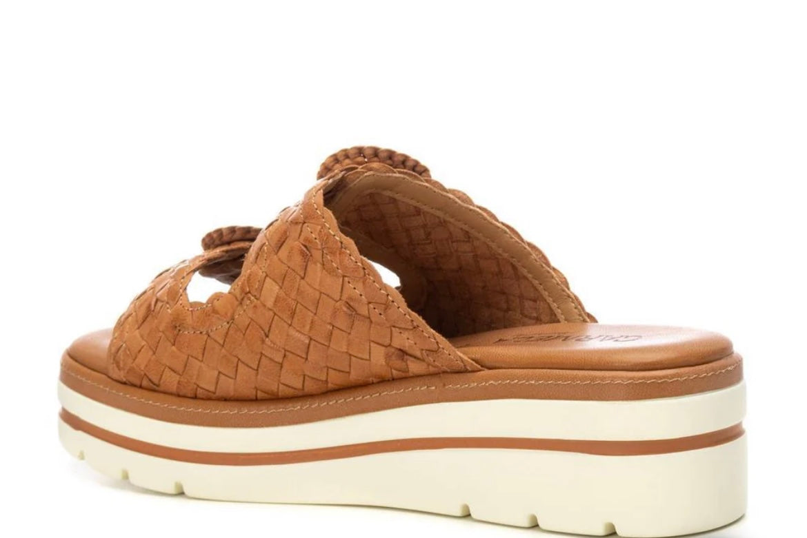 Carmela tan leather wedge slip on sandals