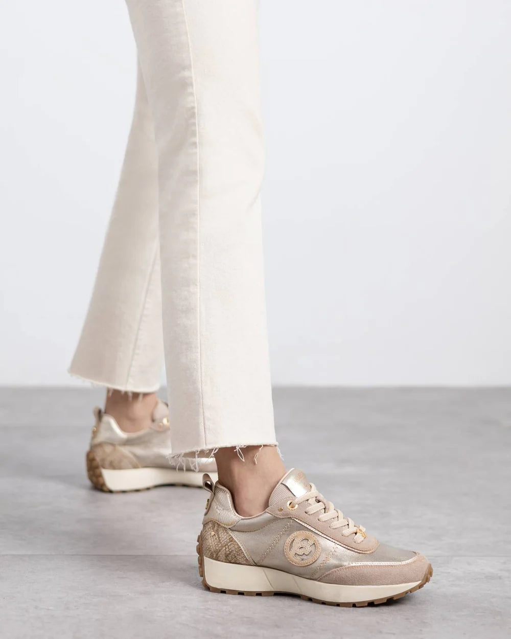 Carmela gold and beige leather and suede sneakers