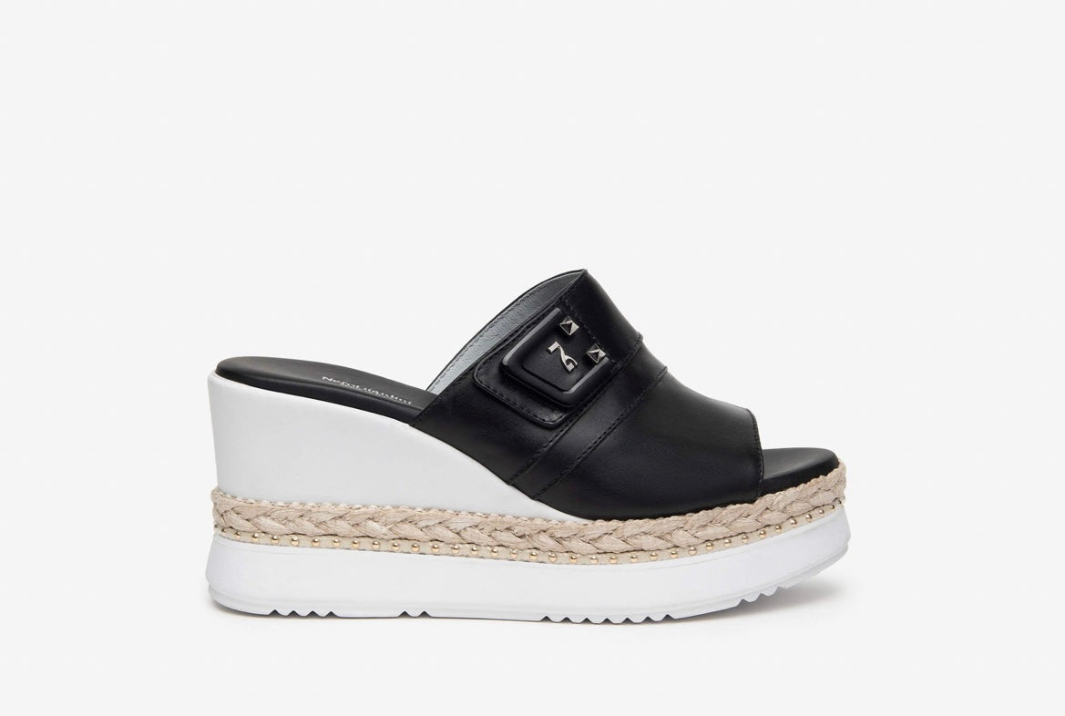 Nerogiardini black leather wedge slip on sandal