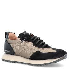 Hispanitas black suede & beige fabric detail slip on sneaker