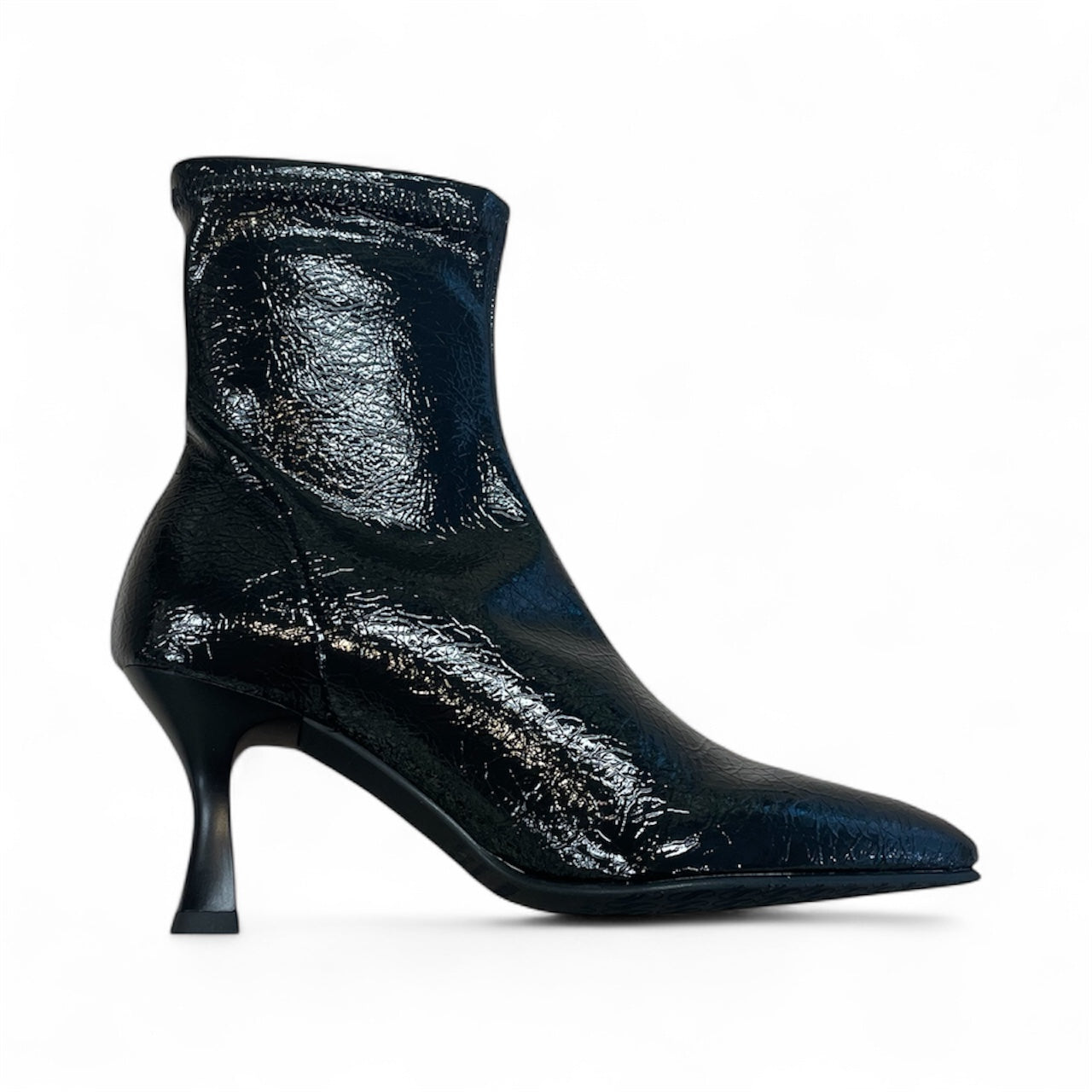 Miss Elastic black sock patent vegan leather ankle boot