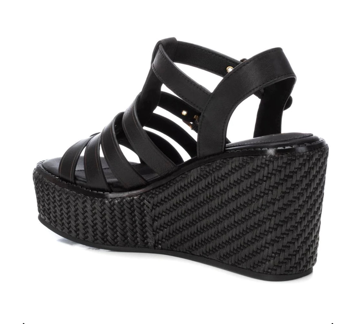 Carmela black leather wedge platform sandal