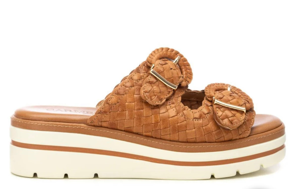 Carmela tan leather wedge slip on sandals